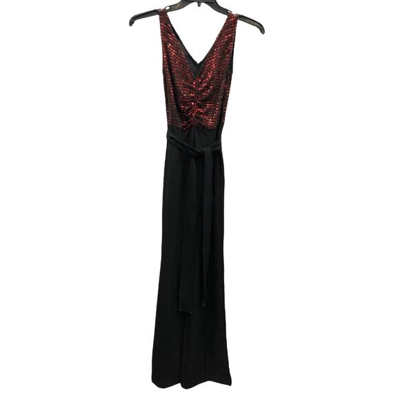 Donna Morgan Red Metallic Sequin Stretch Top Sleeveless Black V Neck  Jumpsuit - Picture 5 of 9